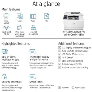 HP Color Laserjet Pro M183fw Wireless All-in-One Laser Printer - White, Print Scan Copy Fax - 16 ppm, 600 x 600 dpi, Voice-Activated, 35-Page ADF, Ethernet