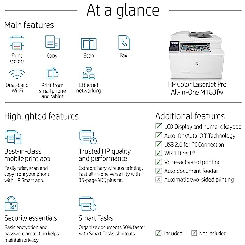 HP Color Laserjet Pro M183fw Wireless All-in-One Laser Printer - White, Print Scan Copy Fax - 16 ppm, 600 x 600 dpi, Voice-Activated, 35-Page ADF, Ethernet