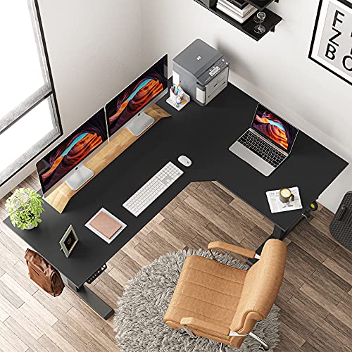 FEZIBO Triple Motor L-Shaped Electric Standing Desk, 63 inches Height Adjustable Stand Up Corner Desk, Sit Stand Workstation with Splice Board, Black Frame/Black Top