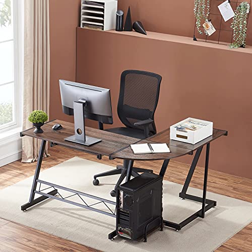 LJTT L Shaped Desk with Keyboard Tray and Host Bracket Corner Computer Desk Gaming Table Workstation for Home Office, Brown