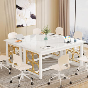 Tribesigns 63" Conference Table with Gold Legs, Glossy Surface - White & Gold