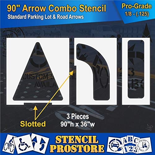 Parking Lot Stencils - 90 inch - Slotted Straight & Turn Combo Arrow KIT - (3 Piece) - 90" x 36 x 1/8" (128 mil) - Pro-Grade