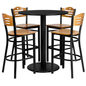 Flash Furniture 36'' Round Black Laminate Table Set with 4 Wood Slat Back Metal Barstools - Natural Wood Seat