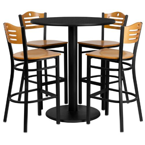Flash Furniture 36'' Round Black Laminate Table Set with 4 Wood Slat Back Metal Barstools - Natural Wood Seat