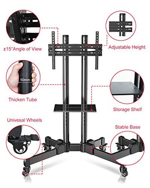 SSZY Black Tilt Rolling TV Cart for 32-70 Inch LCD LED TVs with Wheels & AV Shelf