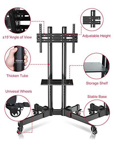 YokIma Black Tilt Rolling TV Cart for 32-70 Inch LCD LED TVs with Wheels & AV Shelf