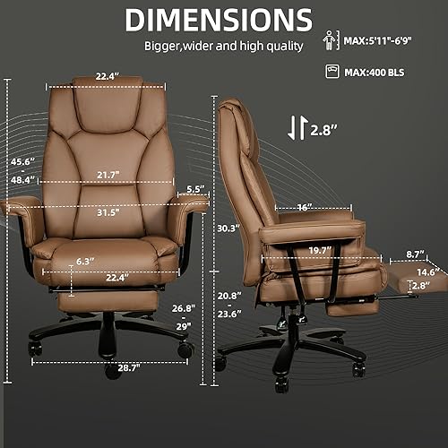 GYI Big and Tall Office Chair 400LBS with Wide Seat, Arms, and Footrest - Brown - 2 Units