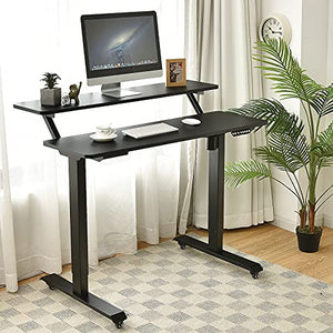 Tangkula Electric 2-Tier Standing Desk, Mobile Height Adjustable Sit Stand Desk Workstation with 4 Lockable Wheels & Replaceable Foot Pads, Hanging Hook, Cable Management Tray, Memory Setting (Black)