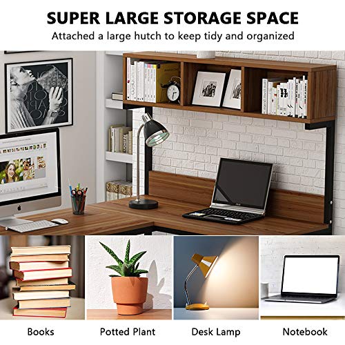 Tribesigns L-Shaped Desk with Hutch, 68 Inches Corner Computer Desk Gaming Table Workstation with Storage Bookshelf for Home Office,Dark,Walnut