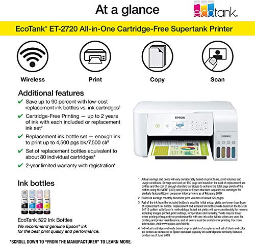 Epson EcoTank ET-2720 Wireless Color Inkjet All-in-One Supertank Printer for Home Office, White - Print Scan Copy - Voice Activated, 10.5 ppm, 5760 x 1440 dpi, 1.44" LCD, Ethernet, Borderless Print