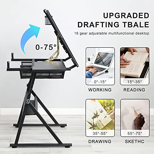 LIFE SKY Adjustable Glass Drafting Table - Tempered Glass Artists Drawing Table with Storage
