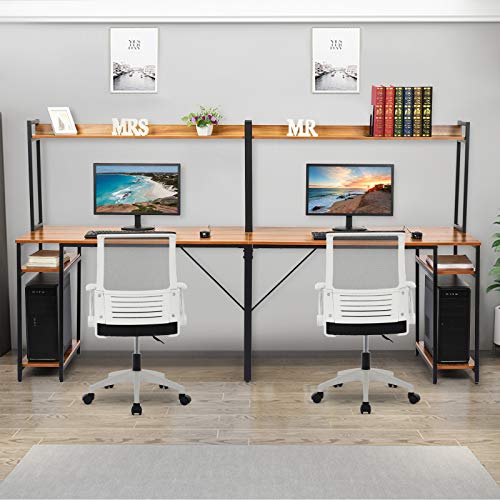 Double Workstation Desk, 94.5 inches Computer Desk with Hutch, Extra Long Two Person Desk with Storage Shelves, 2 in 1 Study Table & Bookshelves Combo PC Laptop Workstation for Home Office (Brown)