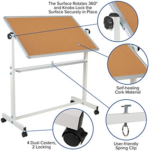 Flash Furniture HERCULES Series 53"W x 59"H Reversible Mobile Cork Bulletin Board and White Board with Pen Tray