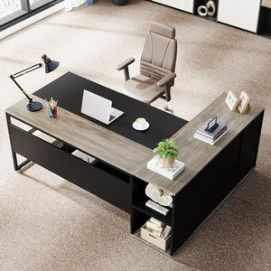 Tribesigns 71" Executive L-Shaped Desk with Cabinet Storage, Shelves - Gray