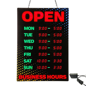 Artistic Open Sign with Business Hours, Black/Red Yellow/Blue Accents (34110), 26 x 18