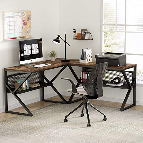Tribesigns 3 Piece K-Frame L-Shaped Desk with Bookshelf, Corner Computer Office Desk PC Laptop Gaming Table Workstation with Open Storage Shelves for Home Office, Rustic Brown