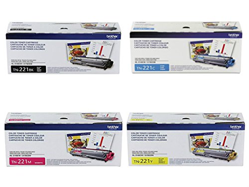 Brother TN-221BK TN-221C TN-221M TN-221Y DCP-9015 9020 HL-3140 3150 3170 3180 MFC-9130 9140 9330 9340 Toner Cartridge Set (Black Cyan Magenta Yellow, 4-Pack) in Retail Packaging