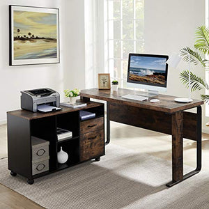 Tribesigns Large L-Shaped Computer Desk, 55 inch Executive Office Desk Workstation Business Furniture with Letter Size File Cabinet for Home Office, Vintage Brown