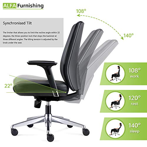 ALFA Furnishing Genuine Leather Executive Office Chair with Adjustable Backrest & Aluminum Base, Lumbar Support Leather Chair with Adjustable 3D Armrests – Black