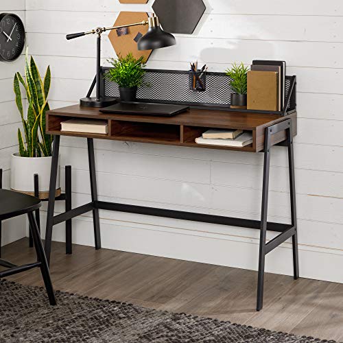 Walker Edison Industrial Mesh Wood Laptop Computer Writing Desk Home Office Workstation Small, 42 Inch, Dark Walnut Brown