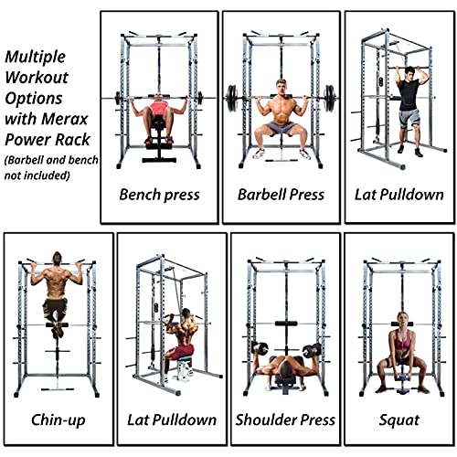 V-ambm Multi-Function Strength Training Power Cages Home Gym Equipment Exercise Stand Olympic Squat Cage with LAT Pull-Down and Low Row for Weight Training