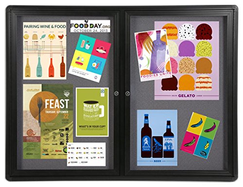 4' x 3' Enclosed Bulletin Board with 2 Swing-Open Locking Doors, 48" x 36" Gray Fabric Notice Board for Indoor Use, Aluminum (Black Frame)
