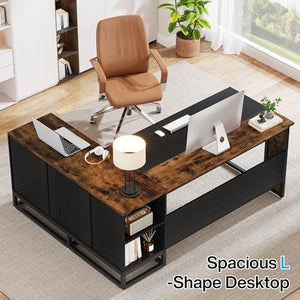 Tribesigns 63" L-Shaped Executive Desk with Drawers and Shelves, Rustic Business Furniture, Brown & Black