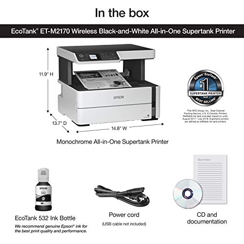 Epson EcoTank ET-M2170 Wireless Monochrome All-in-One Supertank Printer with Ethernet PLUS 2 Years of Unlimited Ink