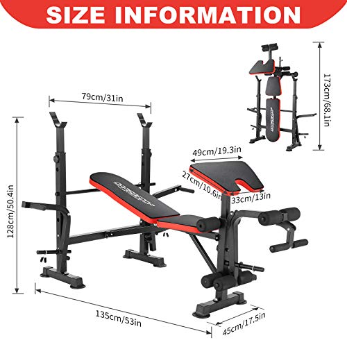 Olympic Weight Bench Adjustable Workout Bench Multifunctional Workout Station with Preacher Curl, Leg Developer for Indoor Exercise (Red)