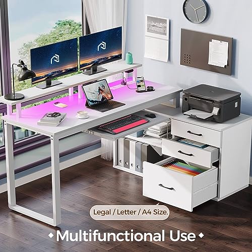 Rolanstar White L Shaped Computer Desk with Drawers, Power Outlet, LED Strip, and Keyboard Tray