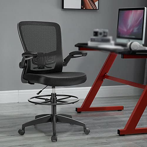 Drafting Chair Tall Office Chair Adjustable Height w/Lumbar Support Flip Up Arms (D 27"X27"X42.5")