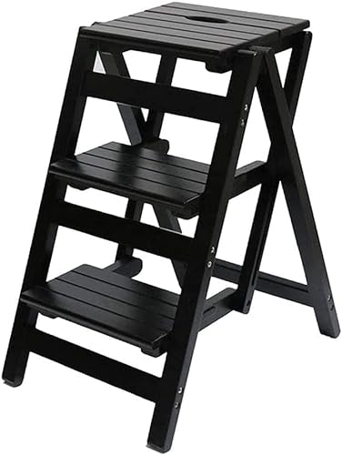 LUCEAE Folding Wooden Step Stool, 3 Steps, Non-Slip Wide Tread, Portable Adult Footstool - Black