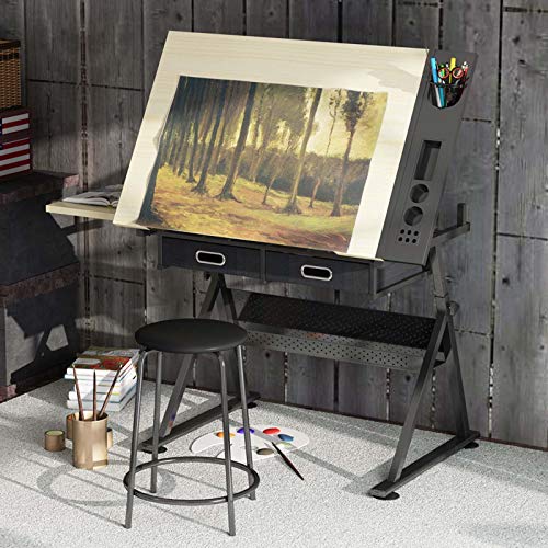 BOPP Drafting Table with Drawers, Drafting Table Desk Adjustable Draft Drawing Table Height Angle with Stool Tabletop Tilted Art Craft Work Station, for Artists and Architecture