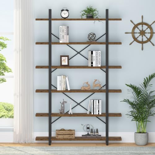 HSH Industrial Modern 6 Shelf Tall Bookcase, Open Wood & Metal Display Rack - Rustic Brown