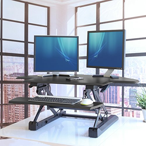 Seville Classics airLIFT Workstation Ergonomic Dual Monitor Riser with Keyboard Tray and Phone/Tablet Holder, Corner (43"), Black