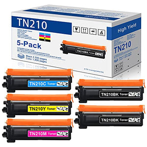 5PK (2BK+1C+1M+1Y) High Yield TN210 TN210BK TN210C TN210M TN210Y Toner Cartridge Replacement for Brother TN-210 HL-3040CN HL-3045CN HL-3070CW MFC-9010CN MFC-9120CN MFC-9125CN MFC-9320CW Printer Toner