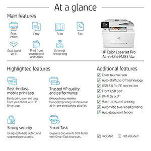 HP Laserjet Pro MFP M283fdwB All-in-One Wireless Color Laser Printer - Print Scan Copy Fax - 22 ppm, 600 x 600 dpi, 8.5 x 14, 50-Sheet ADF, Auto Duplex Printing, Ethernet