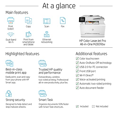 HP Laserjet Pro MFP M283fdwB All-in-One Wireless Color Laser Printer - Print Scan Copy Fax - 22 ppm, 600 x 600 dpi, 8.5 x 14, 50-Sheet ADF, Auto Duplex Printing, Ethernet