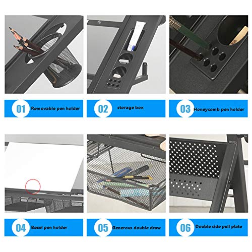 XIONGGG Multifunctional Glass Drafting Table Height Adjustable Drawing Desk W/ 2 Storage Drawer, Tiltable Desk Art Table