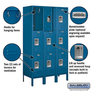 Standard Metal Locker Triple Tier 3 Feet Wide 5 Feet High 15 Inches Deep Unassembled, Blue