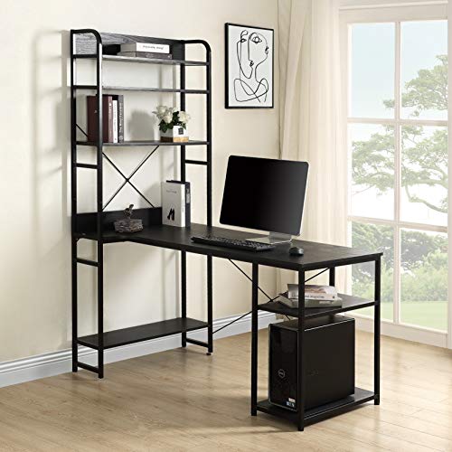 54" Reversible Large Computer Desk with 8 Storage Shelves, Office Desk Study Table Writing Desk Workstation with Hutch Bookshelf for Home Office, Black