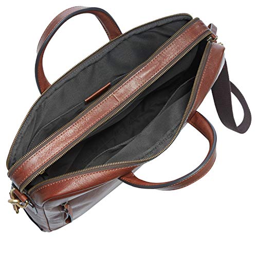 Fossil Men's Haskell Leather Double Zip Briefcase Messenger Laptop Bag, Cognac
