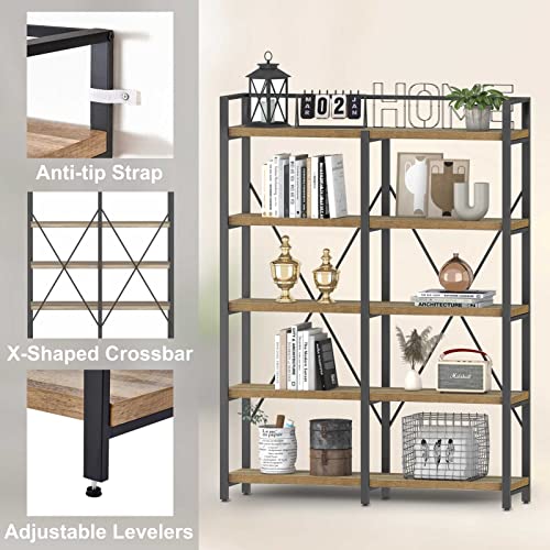 FATORRI Industrial 5 Tier Bookshelf, Rustic Wood Etagere Bookcase