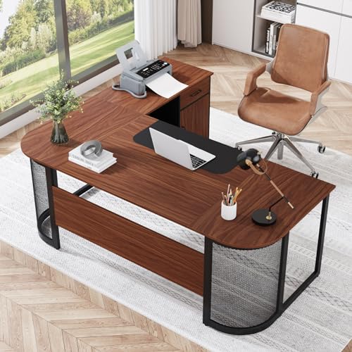 Tribesigns Executive Desk with File Cabinet, L-Shaped Office Desk with Drawer and Shelves
