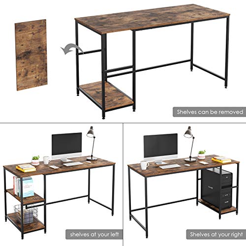 Homfa Computer Desk with 2 Shelves, 55 in Length Study Writing Table, 2-in-1 Large Office Desk with Metal Legs, Adjustable feet, Modern Furniture for Home Office, Study Room-Rustic Brown