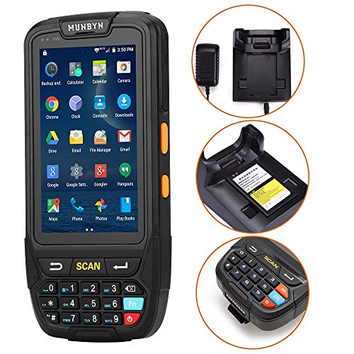 MUNBYN Handheld Barcode Scanner with Android 7.0 OS, 2D PDF417 Honeywell Scanner, Numeric keypad, Touch Screen and Charging Cradle with 3G 4G WiFi BT GPS Wireless Mobile Terminal for Inventory System