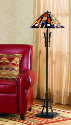 Robert Louis Tiffany Mission Modern Tiffany Style Standing Floor Lamp 62" Tall - Bronze Iron Jewel Tone Stained Art Glass Shade - Living Room Decor