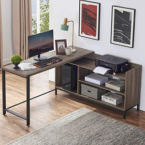 FELLYTN Rustic Industrial L Shaped Desk, 59 Inch Wood and Metal Study Corner Desk, Office Writing Workstation with Shelves and File Cabinet for Home Office (Gray Oak)