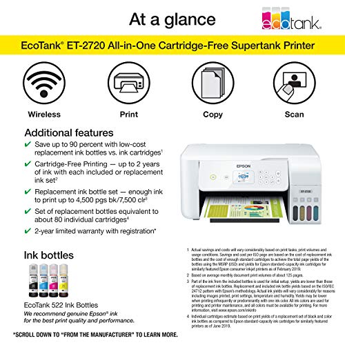 Epson EcoTank ET-2720 Wireless Color All-in-One Supertank Printer with Scanner and Copier - White (Renewed)