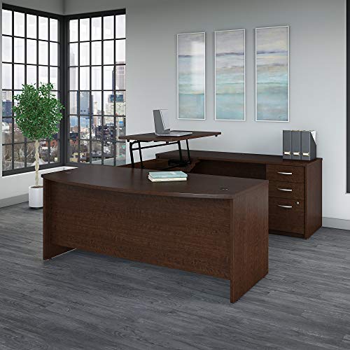 Bush Business Furniture Series C Elite 72W x 36D 3 Position Sit to Stand Bow Front U Shaped Desk with 3 Drawer File Cabinet in Mocha Cherry